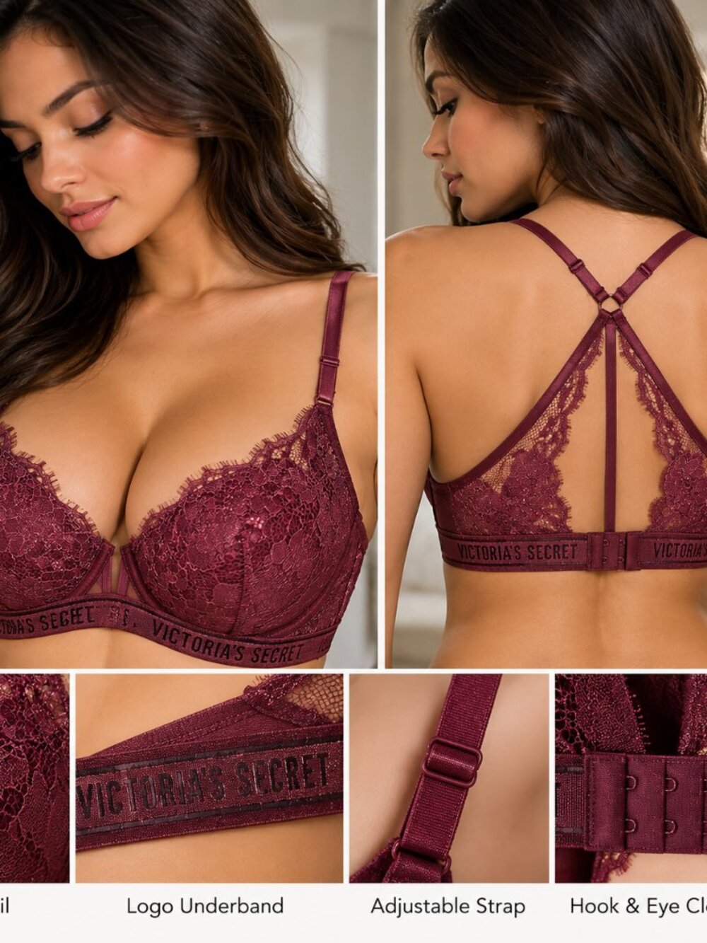 Victoria’s Secret Burgundy Lace Strappy Logo Bra 34DD / Very Sexy / Push-up